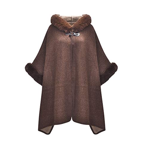 Image of ZLYC Women Winter Fashion Faux Fur Trim Layers Hooded Cardigan Warm Cape Sweater Cloak
