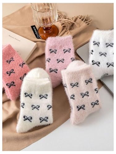 OYOANGLE Women's 5 Pairs Cute Bow Print Fuzzy Crew Socks Soft Warm Coquette Slipper Socks3