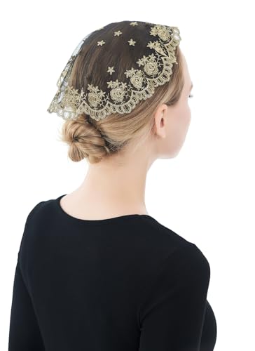 Wgior Catholic Church Small Circle Round Head Covering Floral Lace Mantilla Chapel Cap Veil Latin Mass Veils for Women Girls (Gold) - Thumbnail 3