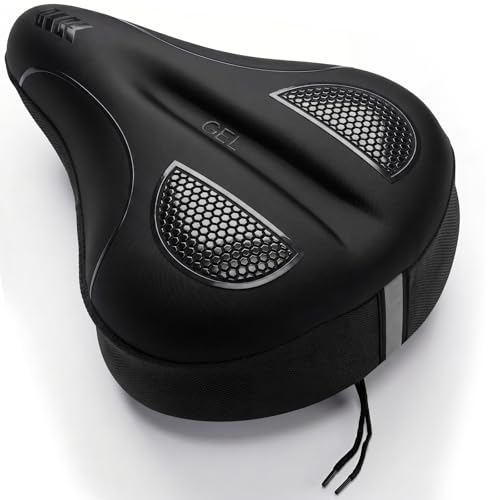 Bike Seat Cushion - Gel Padded Bike Seat Cover for Men Women Comfort, Extra Soft Exercise Bicycle Seat Compatible with Peloton, Outdoor & Indoor with Straps and Drawstring Fastening Black