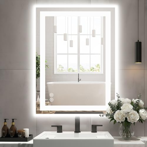 Sweetcrispy 28x 36 Smart Anti-Fog LED Bathroom Mirror with Lights and Front Light & Backlit 3 Color Temperatures Dimmable Memory Function Rectangle Modern Vanity Mirror