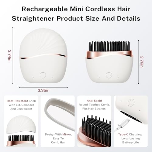 Image of Mini Hair Straightener Rechargeable Mini Cordless Hair Straightener Portable Hair Straighteners Hot Comb USB Rechargeable Heated Styling Brush 2 Heat Settings Travel Hair Straighteners- White