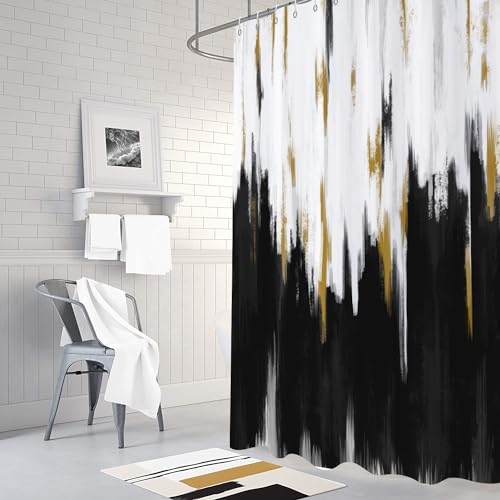 Caheansi Black and White Shower Curtain, Black White Gold Brush Strokes Graffiti Oil Painting Modern Art Abstract Bathroom Curtain Waterproof Fabric Machine Washable with Hooks, 72" Wx72 L by Caheansi - Used condition - Image 3