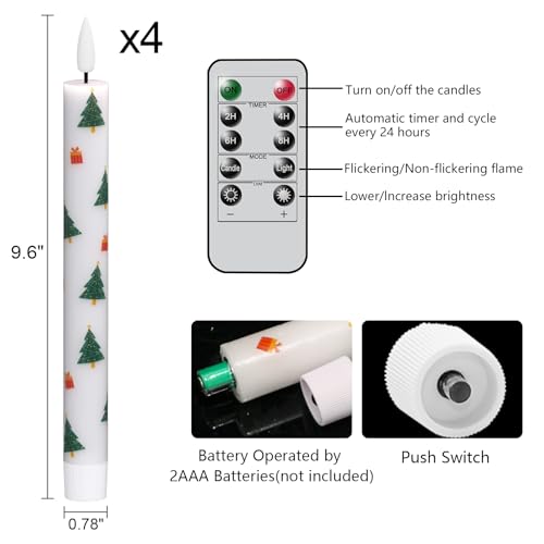 Image of GenSwin Christmas Flameless Taper Candles, 4 Pack Christmas Tree Candles with Remote Timer, Real Wax Flickering LED Flameless Candlesticks Battery Operated with Decals for Home Decor(0.75 inch x 9.65 inch)
