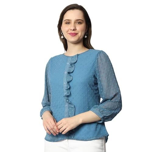 Image of PRETTIFY Women's Regular Fit Solid Embroidery Georgette Waist Length, 3 /4 Sheer Sleeve, Round Neck Casual Wear Western Shirt Top for College /Office Girls