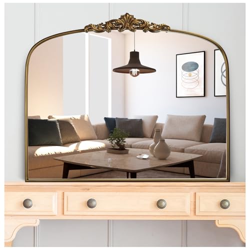 Wemily Vintage Gold Arched Wall Mirror 36'x30' – Ornate Baroque Style Antique Brass Frame, Decorative Large Mirror for Entryway, Living Room, Fireplace, Hallway, Bathroom