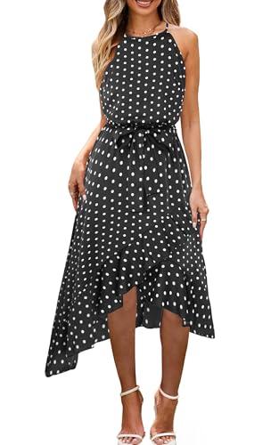 ECOWISH Polka Dot Women Summer Dress Midi A Line Ruffle High Low Sleeveless Boho Floral Halterneck Cocktail Tie Knot Sundress Black X-Large