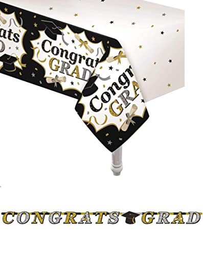 Oojami 3 Pack Black and Gold Graduation Tablecloths with Congrats Grad Banner – 54