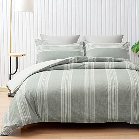 David's Home 100% Washed Cotton Duvet Cover Set King Size, Chambray Stripe Duvet Cover with Pillow Shams, 3pcs Ultra Soft and Breathable Comforter Cover Set, 104x 90 Inches, Green Cover