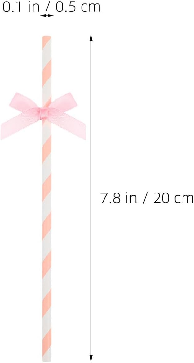 100pcs Pink Disposable Paper Striped Straws with Bow Decorations for Birthday Party Cake, Creative Decorative Straws for Shower and Festival Beverage Use