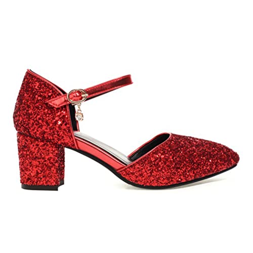 DEERBUNNY Elegant Women's Glitter Pump Shoes Ankle Strap Pumps Block Heels Comfort Formal Occasions Mid High Heels Party Dress Shoes2