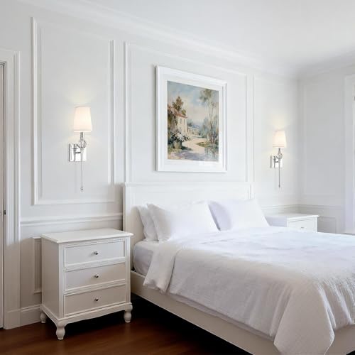 Image of XiNBEi Lighting Chrome Wall Light Sconces Set of 2 with Crystal for Bedroom | White Fabric Shade, Modern Design, Bathroom Vanity Lighting Fixture, For Bedside Living Room Entryway Kitchen Hallway