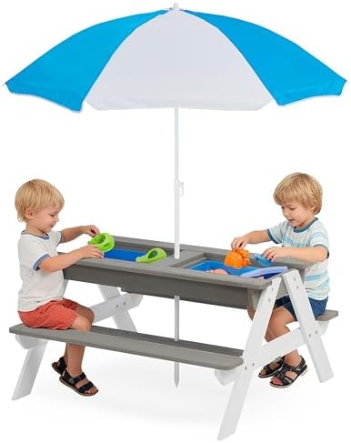 SoliWood Kids Picnic Table with Umbrella, 3-in-1 Outdoor Wooden Convertible Sand & Water Table for Toddlers, Removable Top, Seats 4