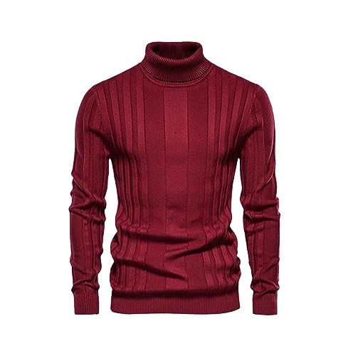 Autumn Men's Turtleneck Casual Sweater Warm Bottoming Shirt Solid Color Long Sleeve Pullover Red XL