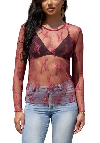YAMILI Lace Tops for Women Mesh Long Sleeve Top Crew Neck Sheer Blouse Sexy See Through Layering Shirts Outfits Red Wine - image 1