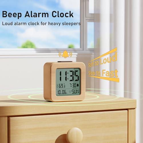 Image of CHEREEKI Battery Operated Clock with Real Wood Case, Loud Alarm, Snooze, Automatic Light Sensor, Temperature, Date and Day of the Week Display (3 AAA Batteries Included)