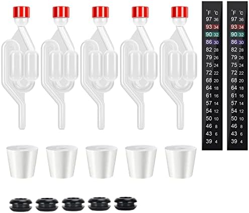 Dbgogo S-Type Brewing Airlock, 5 Pack Homebrew Twin Bubble Fermentation Preservation Airlock Kit with Jar Grommet and Carboy Silicone Stopper and Dust Cap with CO2 Venting Hole and Brewing Temps Strip