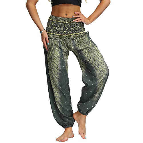 Foto von Nuofengkudu Damen Hippie Hosen mit Taschen Haremshosen Leichte Boho Muster Bunt High Waist Yogahosen Sommer Lockere Umstandshose Freizeithose (Grün C,One Size)