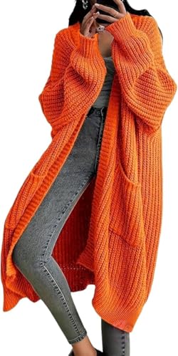 Kenhansion Womens Long Cardigan Sweaters Oversized Open Front Knit Chunky Warm Sweater Coat Fall Winter Knee Length Outwear (Orange,X-Large)