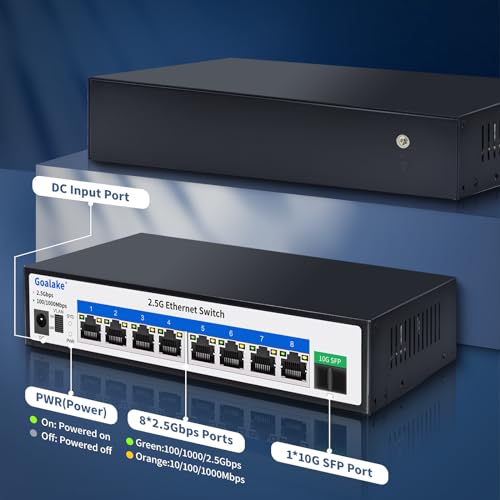 Goalake 8 Ports Ethernet Switch, 8X 2.5G RJ45 Ports and 1X 10G SFP Ports, 60Gbps Switching Capacity, Ideal for 2.5G NAS, 4K Video, Gaming PC, 2.5G Server, 2.5G WiFi AP,2.5G PCIe Adapter 2.5G Gigabit