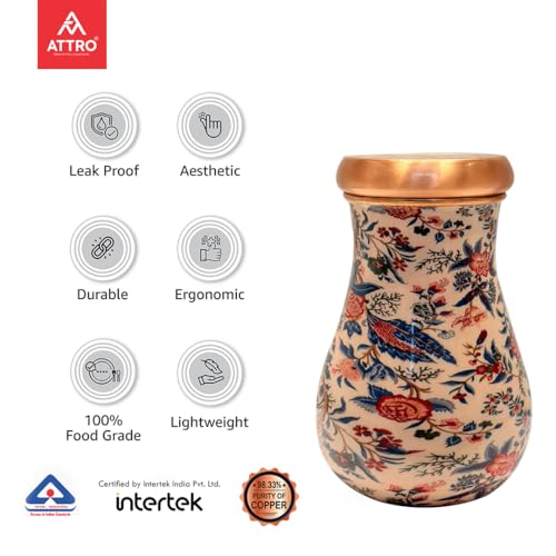 Image of ATTRO Kalash Copper Water Pot - Designer Water Storage & Serving, Ayurvedic Health Benefits, Supports Overall Health & Healthy Skin, 750ml Cream Irish