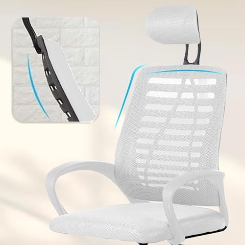 Image of Mesh Office Desk Chair,Rocking Ergonomic Computer Chair Adjustable High with Headrest and Comfortable Armrest Swivel - White & White Handle