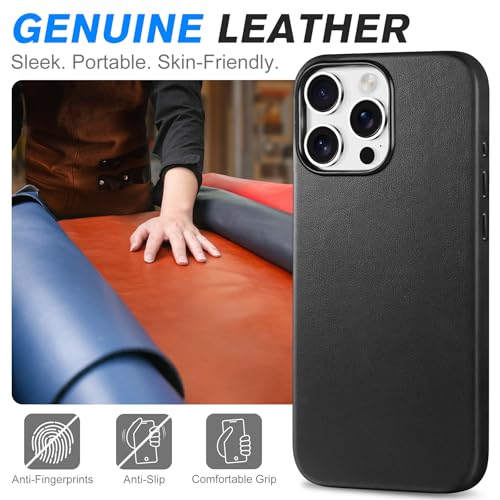 SHIELDON Genuine Leather Case for iPhone 16 Pro Max 6.9", Magnetic Wireless Charging Slim Fit - Non-Slip Shockproof Protective Cover with Metal Buttons Compatible with iPhone 16 Pro Max 2024 - Black by SHIELDON - Image 3