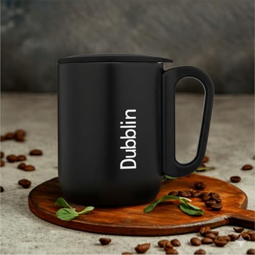 Image of DUBBLIN Polo Stainless Steel Unbreakable Tea Coffee Mug Double Wall with Handle and Lid, Wide Mouth Mug Keeps Beverages Hot & Cold 220 ML Black