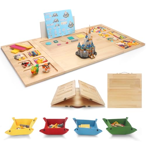 Tri-fold Building Tray for Lego with 4 Bricks Sorting Trays Large Wooden Building Baseplate Table for Adults & Teens Portable Folding Activity Station for Construction & Storage