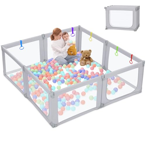 Image of Dripex Foldable Playpen, Extra Large Baby Playpen, 71"x69" Play Yard for Baby, Collapsible Play Pen for Babies, Fence with Breathable Mesh, Indoor & Outdoor Kids Activity Center, Pale Grey