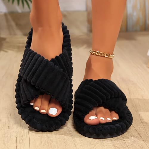 Slippers For Women Cute Women's Memory Foam House Bedroom Corduroy Crossbands Open Toe Slides Sandals Shoes Comfy Fall Winter Slipper Anti-Skid sole4