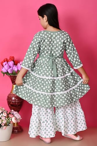 Image of First DREAMGirls Pink Bandhani Printed with Cotton Flower Lace Kurta with Sharara