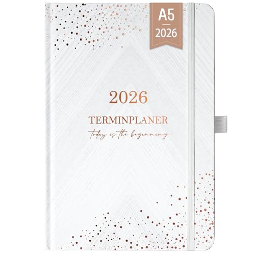 Kalender 2026 - A5 Terminplaner 2026 von Jan. 2025 bis Dez. 2026, Kalender 2026 Buchkalender, Wochenplaner 2026 mit Gebundene Ausgabe, 2 Lesebändchen, Weiß
