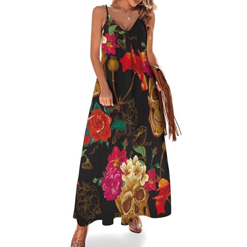 Robe longue crâne fleur dorée : la solution légère contre la chaleur en voyage et à la plage