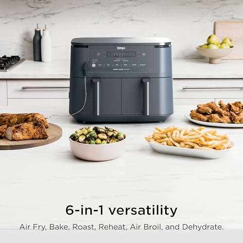 Image of Ninja 6-in-1 10 QT Air Fryer, Foodi Smart Thermometer, Roast, Bake, Air Fry, Crisps, Broil, Reheats, Keep Warm, Fries, Frozen Food, Veggies, & Meat, Light Grey, DZ550​GY (Renewed)