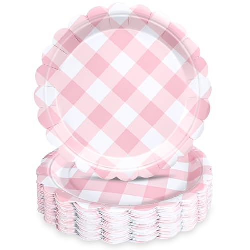 48 Pcs 7 Pink Gingham Paper Plates Light Pink & White Scalloped Checkered Party Plates Pastel Plaid Dessert Table Supplies for BBQ Gathering Picnic Baby Shower Birthday Dinner Party Tableware