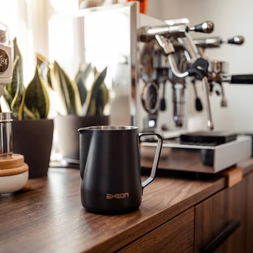 Image of Axeon Stainless Steel Milk Frothing Pitcher 600ml / 20oz | Espresso Milk Frother Jug with Internal Scale & Matte Coating | V-Spout for Latte Art | Barista Steam Jug for Cappuccino & Coffee, Black