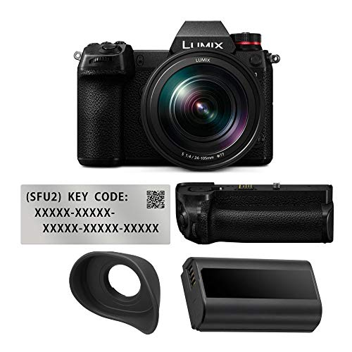 Panasonic LUMIX S1 24.2MP Mirrorless Camera with 24-105mm Lens Bundle with DMW-BGS1 Vertical Battery Grip, DMW-SFU2 Filmmaker Upgrade Software, Extra DMW-BLJ31 Battery, and Extended Comfort Eyecup