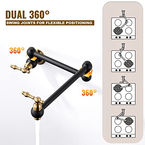 Wowow Pot Filler Faucet Over Stove, Solid Brass Pot Filler Wall Mount Commercial Kitchen Sink Pot Filler Copper Folding Faucet, With Stretchable Double Joint Swing Arm, Black And Gold #TOP2
