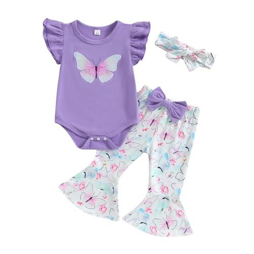 Bonangber Baby Girl Summer Clothes Butterfly Print Fly Sleeve Romper Onesie Flare Pants Set Newborn Girl Photography Outfits(A-Purple,12-18 Months)