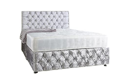Perfect Sleep 4FT6 Double Silver Crushed Velvet Divan Bed Set Including medium feel mattress And Headboard
