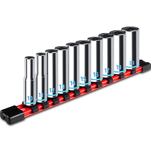 pgroup 3/8-Inch Drive Deep Socket Set 10PCS Metric (10-21mm) 6-Point Design Blue Embossed and Painted Marking Mirror Chrome Finish Cr-V Steel With Rail