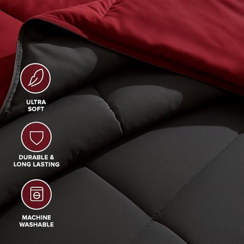 Image of Bed Comforter - Double Size - Elegant Dark Grey & Burgundy - 300 GSM Quilt Blanket Rajai - Winter Warm Down Alternative Duvet Insert with Corner Ties