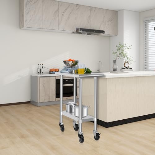 Image of HARDURA Stainless Steel Commercial Table Prep & Work Table with Casters Heavy Duty Metal Table with Wheels NSF 430 30x15 Inches