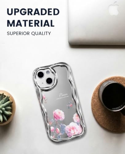 Image of VONZEE Cute Pink Flower Mirror Back Cover for iPhone 15| Clear Shockproof TPU Protective Case | Slim Anti-Yellowing Crystal Clear Phone Cover for Girls and Women