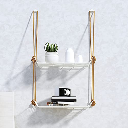 Image of Meshable Weebill 2-Tier Wall Hanging Metal Wall Shelf with Jute Rope, Home Decor Wall Shelves and Storage Racks with Elegant Design Ideal for for Balcony and Terrace, Standard Size - White