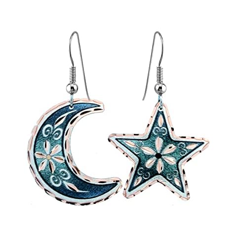 FRONT LINE JEWELRY Women's Moon and Star Earrings Mismacthed Earrings Blark/Red/Green/Purple/Blue/Art Deco/Rainbow/Yellow/Starry Night/Crescent Moon Star Earrings, No Gemstone Cover