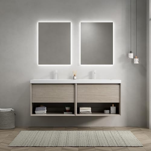 dowowdo Tocador doble con armario de 140 cm, 2 lavabos integrales de resina blanca, 2 cajones con sistema de cierre suave y 2 estantes abiertos, premontado en la pared, roble claro, para parejas y