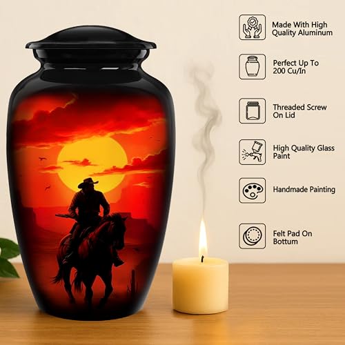 Image of Cremation Urns for Human Ashes Adult Male Female - Large Funeral Men Urn for Ashes, Western Decorative Burial Memorial Urn with Black Velvet Bag, Cowboy, 200 Cu in