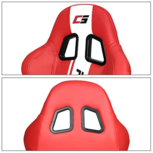Ikon Motorsports, Universal Racing Seats Pair With Dual Sliders, Red Pu Leather White Stripe Reclinable Left Driver Side + Right Passenger Side #TOP4